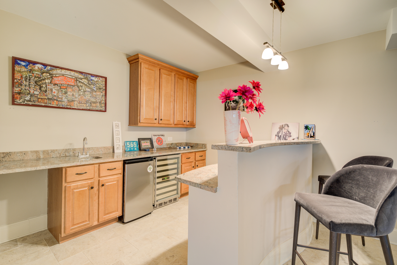 4436 Roslyn Road Downers Grove, IL 60515 - Photo 23 of 30 a kitchen with stainless steel appliances granite countertop a refrigerator a sink dishwasher a dining table and chairs with wooden floor