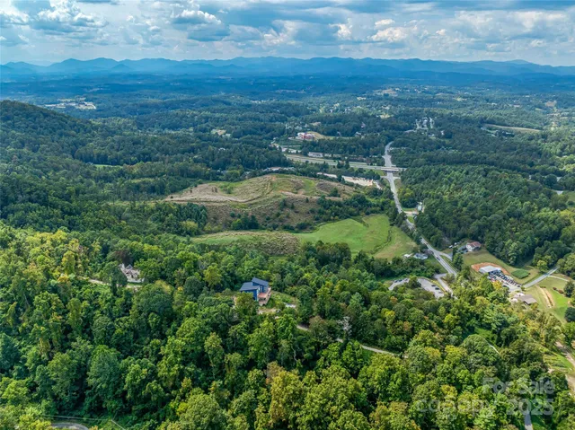 an aerial view of residential houses with outdoor space and trees