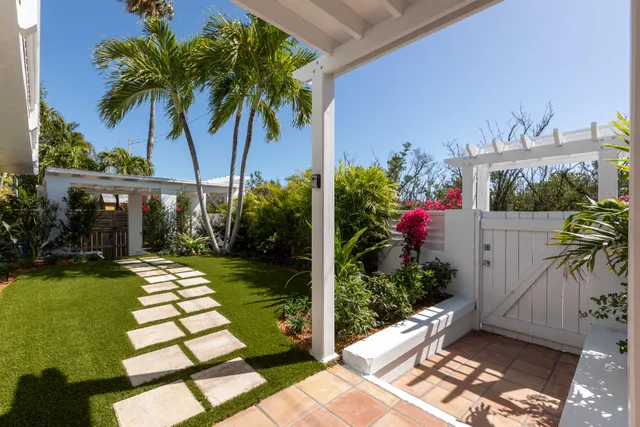 a view of a backyard with potted plants