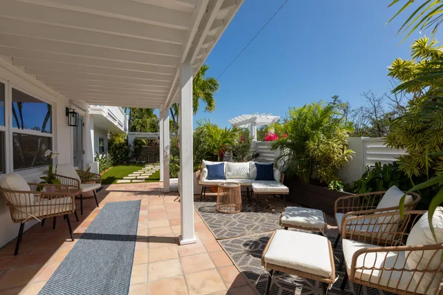 a view of a patio with couches chairs and a potted plant