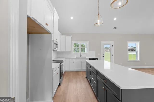 a kitchen with cabinets and wooden floor
