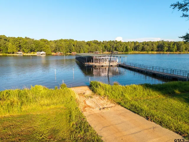 a view of a lake with houses in the back