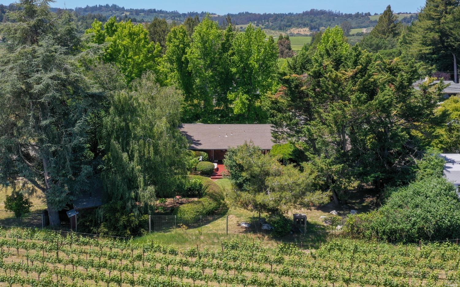 an aerial view of a house with a yard