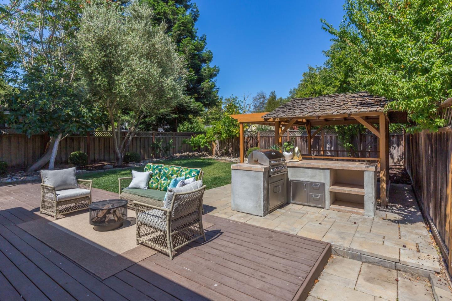552 Marsh Road Menlo Park, CA 94025 - Photo 21 of 22 a view of a patio with a dining table and chairs with wooden floor and fence