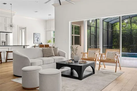 a living room with furniture and large windows