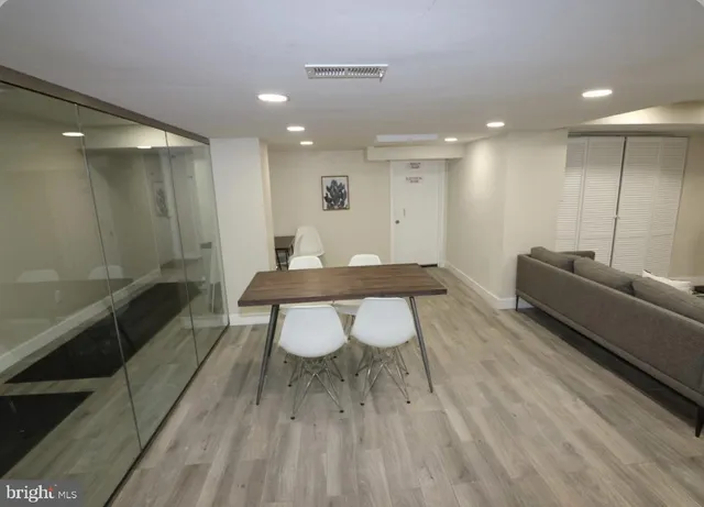 a view of a dining room with furniture