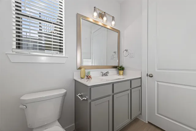 a bathroom with a sink a toilet and mirror