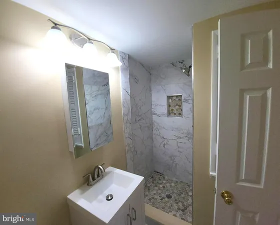 a bathroom with a sink a mirror and shower