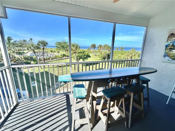 a view of a chairs and table in patio