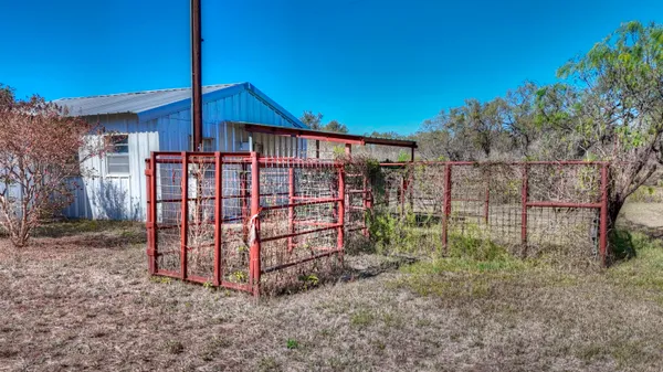 a view of a dry yard with trees in the background