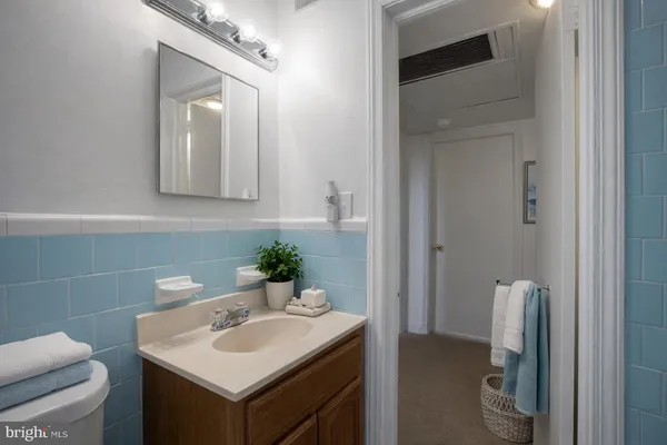 a bathroom with a sink vanity and toilet