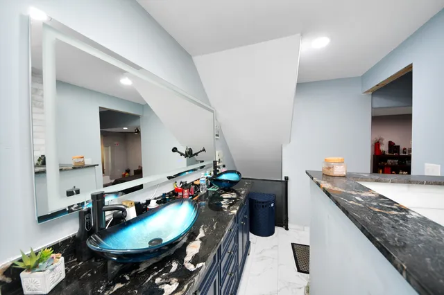 a view of a city and flowers