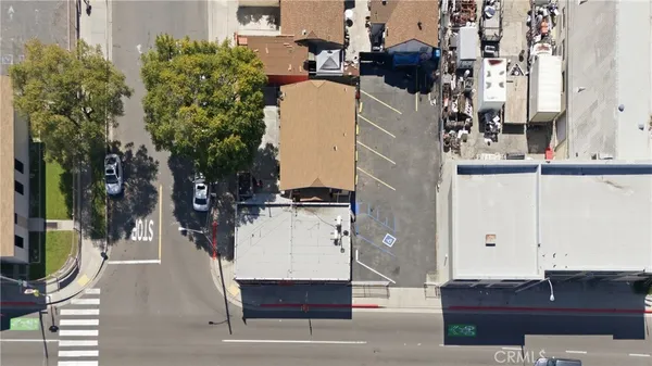 an aerial view of a building with outdoor space