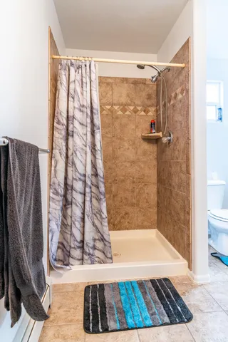 a bathroom with a shower and a toilet