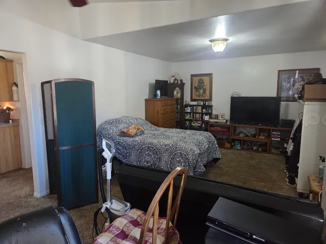 a bedroom with a bed and a flat screen tv