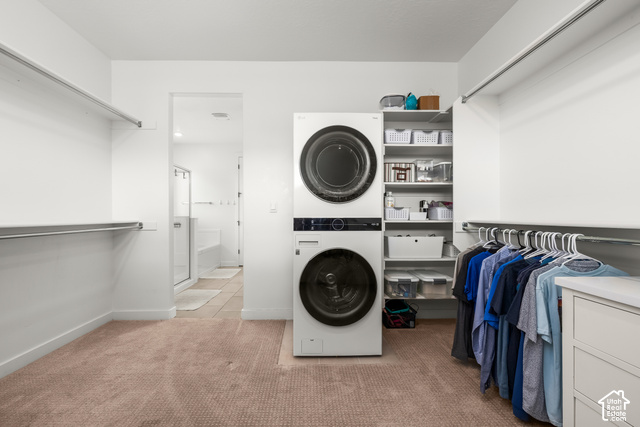 259 South Chamberlain Street Mapleton, UT 84664 - Photo 23 of 54 Integrated laundry appliances within a closet system featuring hanging rods, built-in shelving, and carpet flooring