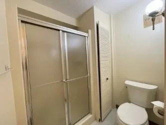 a bathroom with a granite countertop toilet and a mirror