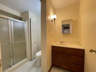 a bathroom with a sink a toilet and shower