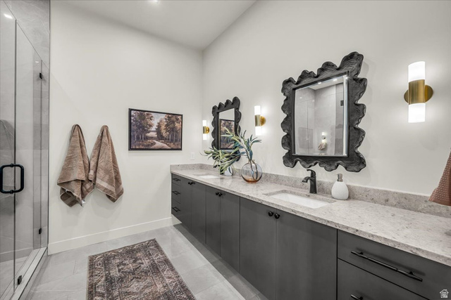 2152 South 30 West Orem, UT 84058 - Photo 27 of 56 Full bathroom with double vanity, a shower stall, light tile patterned flooring, and recessed lighting