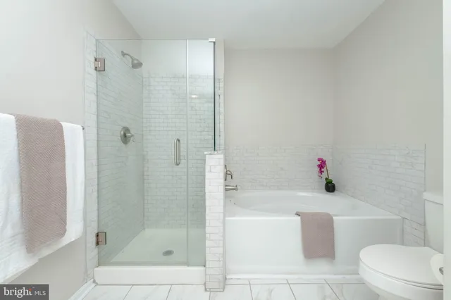 a bathroom with a shower a toilet and bathtub