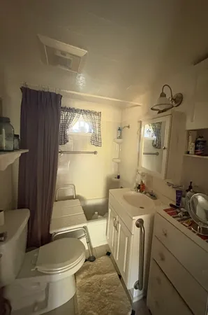 a bathroom with a sink toilet and shower