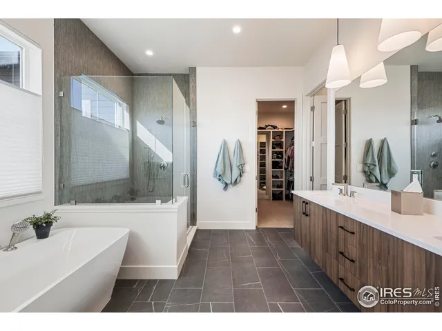 a bathroom with a sink a large mirror and a shower