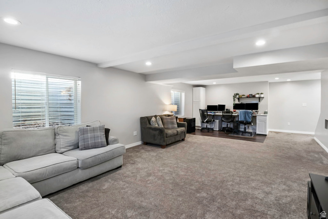 13176 Day Court Draper, UT 84020 - Photo 25 of 45 Living area with an office area, dark carpet, recessed lighting, and beamed ceiling
