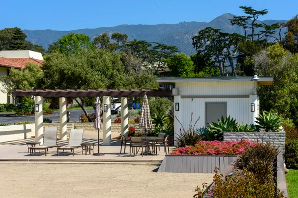 a view of a building with a garden