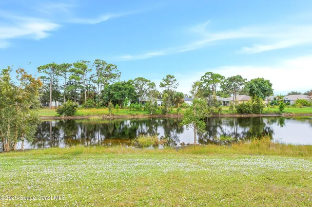 a view of lake with green space
