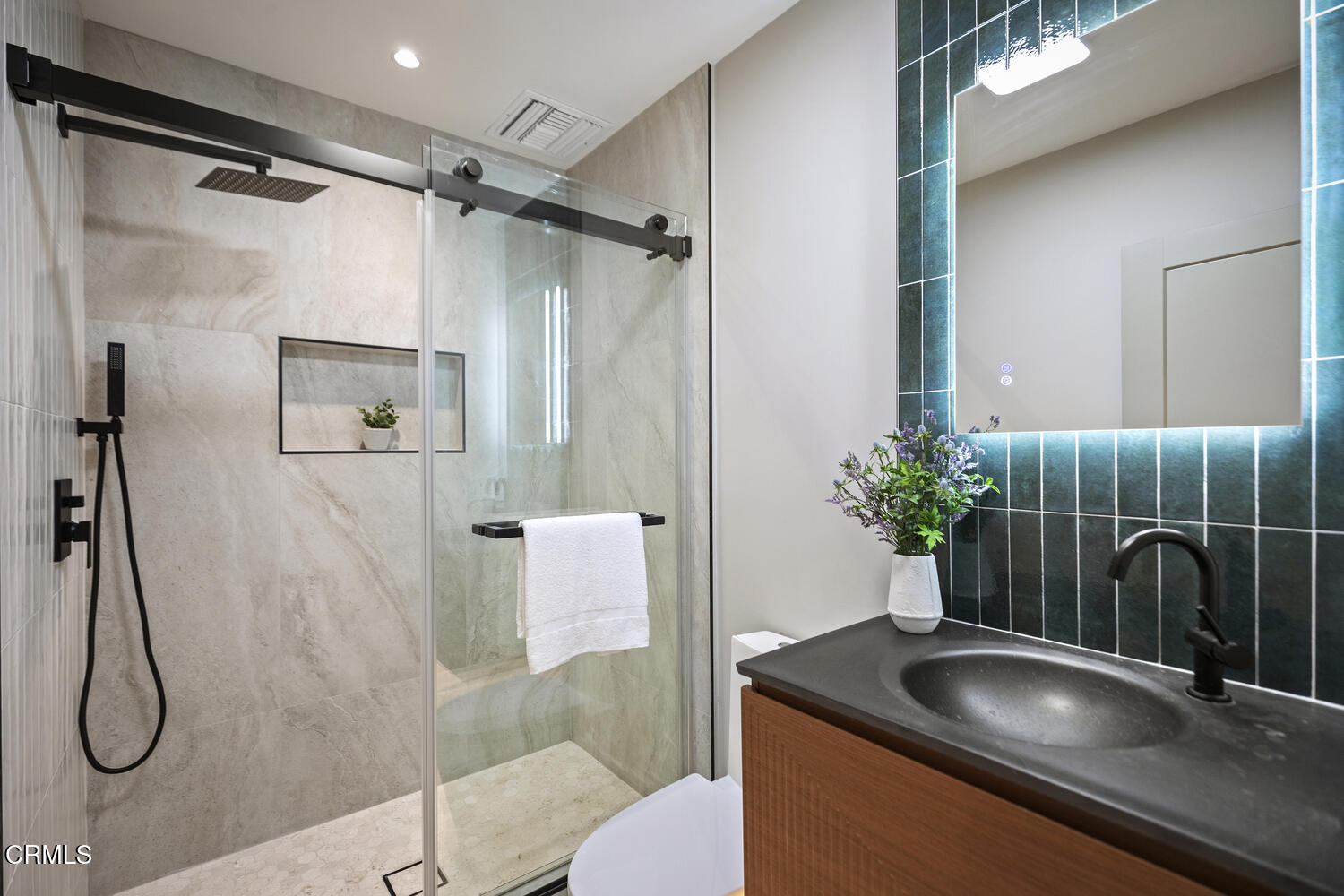 1780 North Altadena Drive Pasadena, CA 91107 - Photo 20 of 34 a bathroom with a granite countertop sink a mirror and a shower