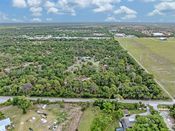 a view of a yard with plants and trees