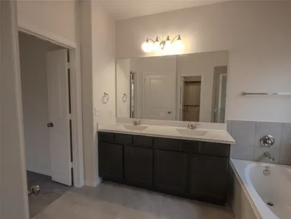 a bathroom with a tub sink and mirror
