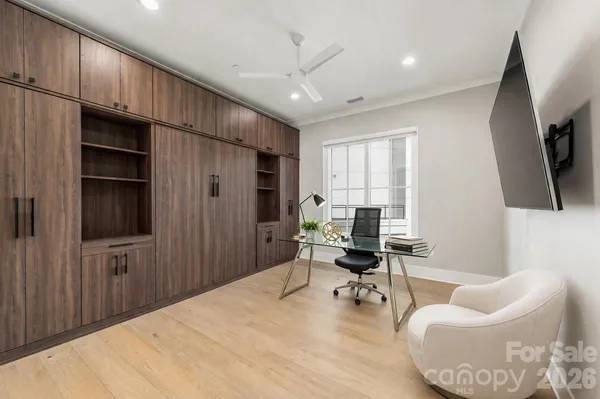 a workspace with furniture
