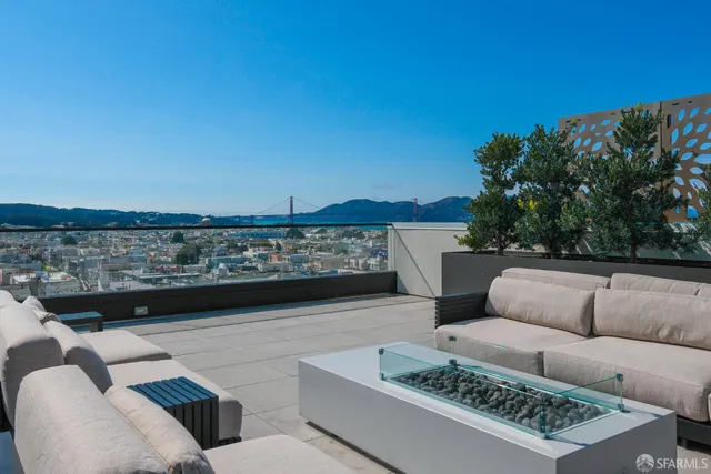 a roof deck with table and chairs and potted plants