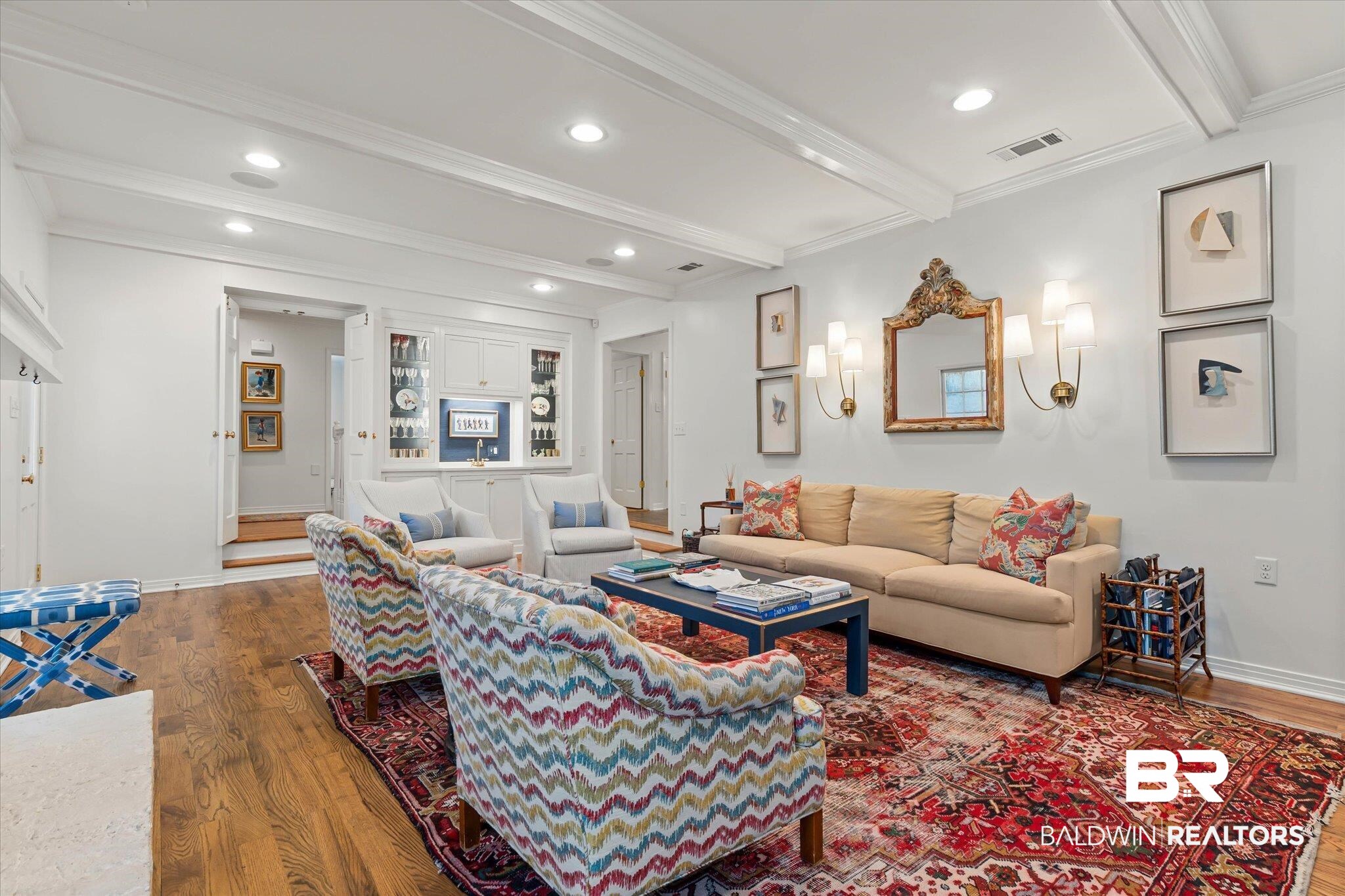 3612 Linden Lane Mobile, AL 36608 - Photo 6 of 42 Living area with beamed ceiling, recessed lighting, ornamental molding, and wood finished floors