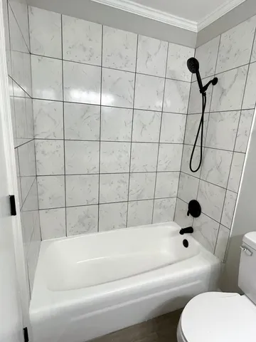 a bathroom with a toilet and a bath tub