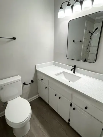 a bathroom with a toilet sink and mirror
