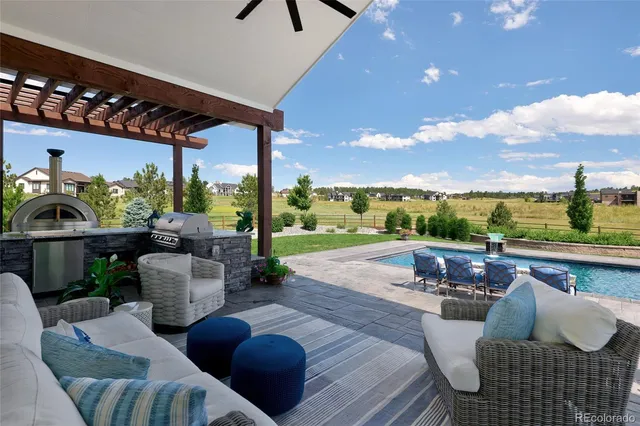 a building outdoor space with patio furniture