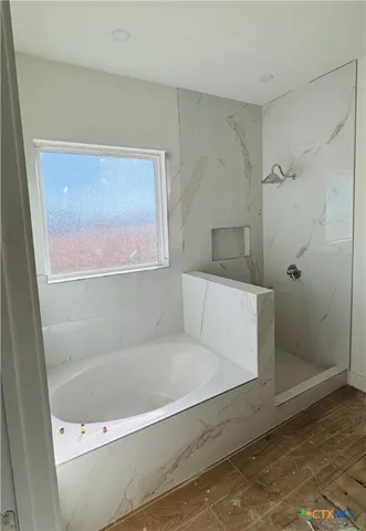 a bathroom with a bathtub and a shower
