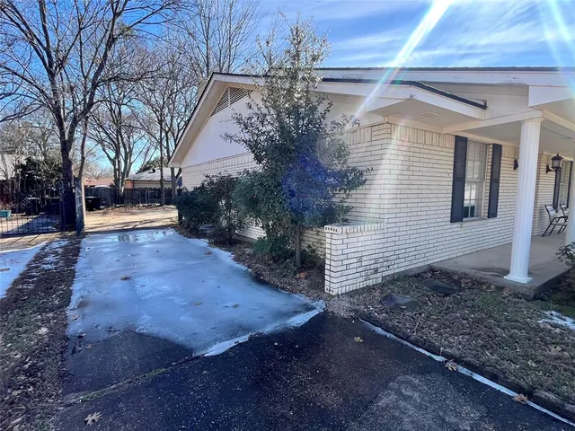 a view of a yard with plants and trees