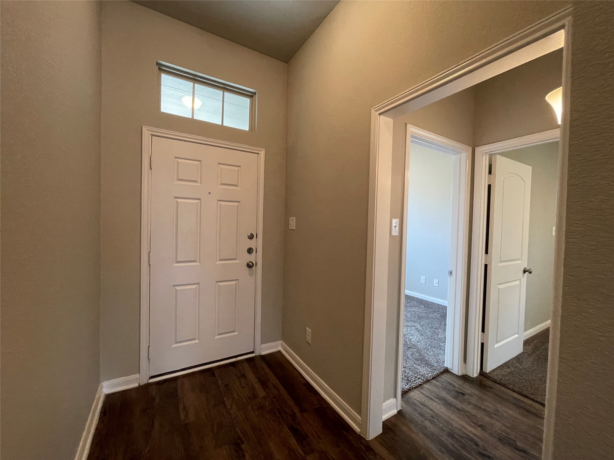 8113 Northgate Loop Temple, TX 76502 - Photo 11 of 35 Entryway featuring a white paneled door with transom window, wood-finish flooring, neutral wall tones, and white trim