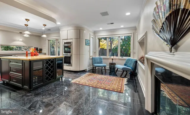 a view of a backyard with large trees