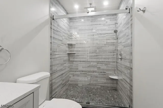 a bathroom with a shower and a toilet