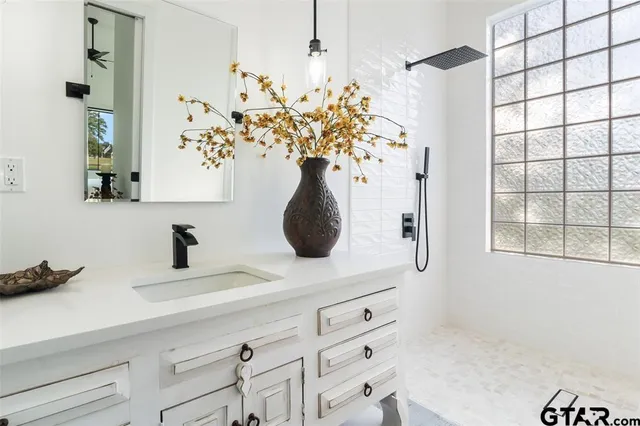 a bathroom with a sink a mirror and a shower