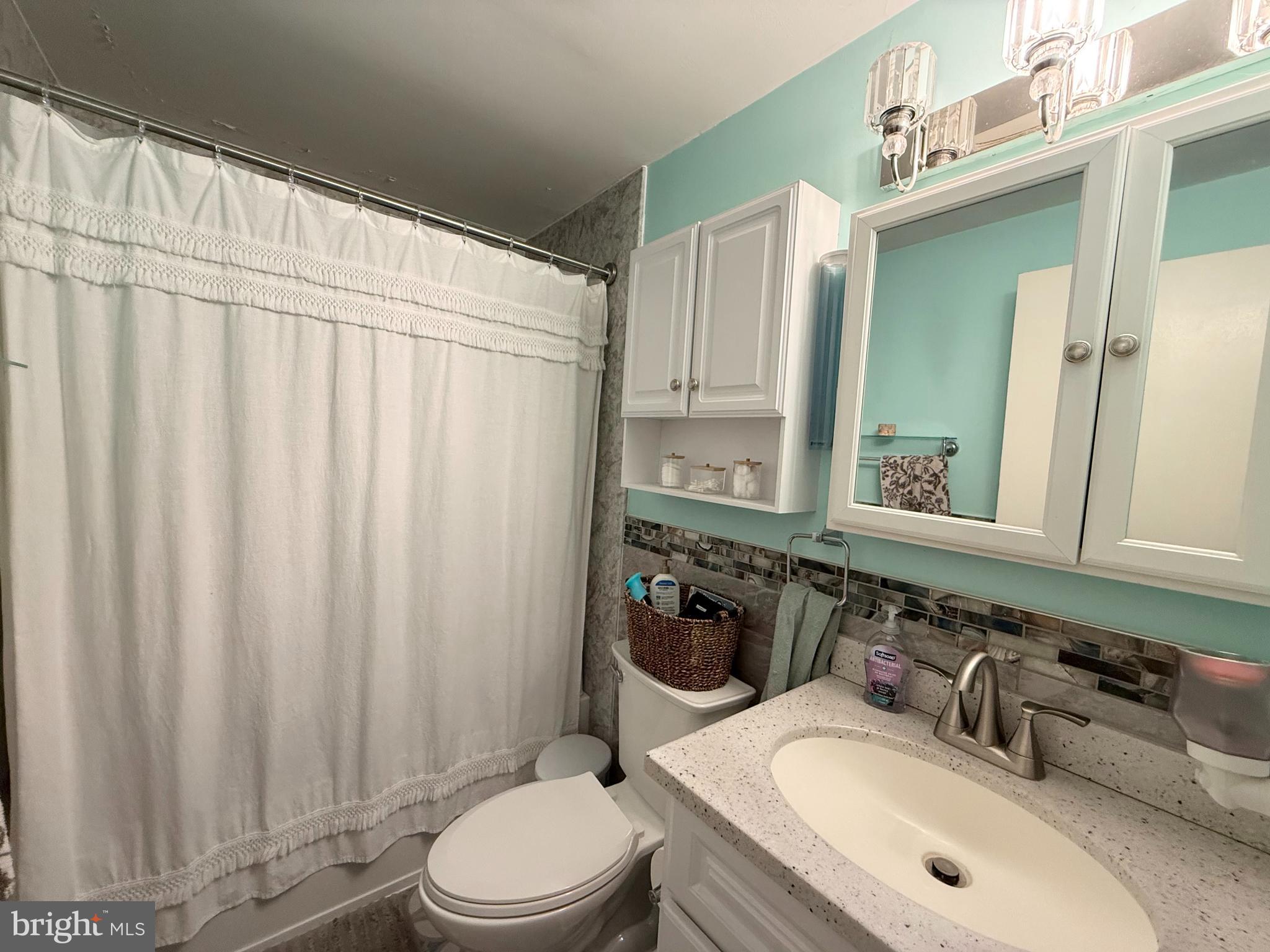 12 North Maple Avenue Ridgely, MD 21660 - Photo 16 of 23 a bathroom with a sink a toilet a mirror and shower curtain