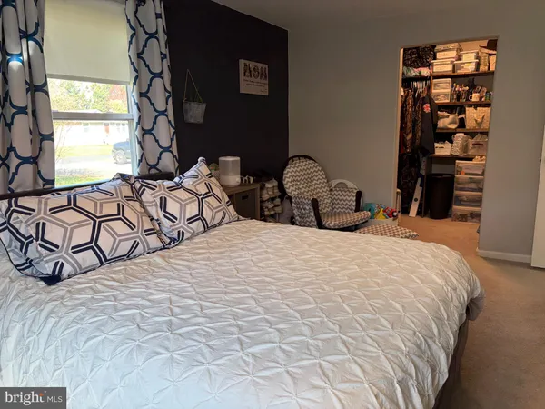 a bedroom with a bed and a closet