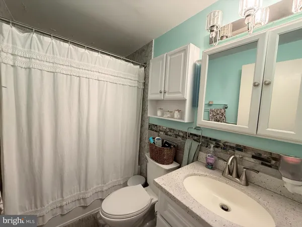 a bathroom with a sink a toilet a mirror and shower curtain