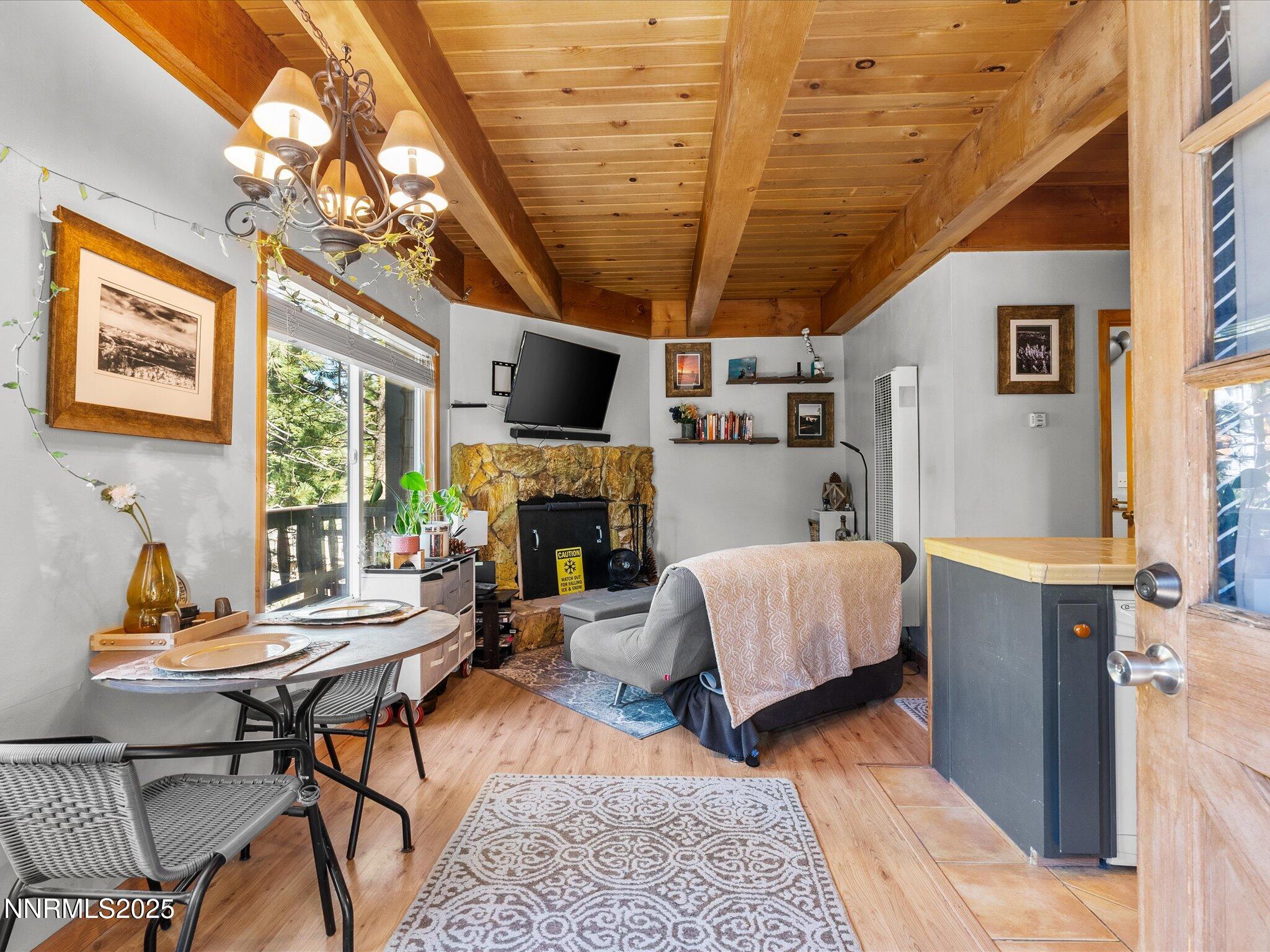 259 Tramway Drive, Unit 4 Stateline, NV 89449 - Photo 5 of 33 a living room with furniture a fireplace and a flat screen tv