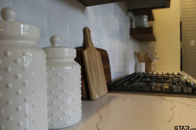 a close view of a sink and a potted plant