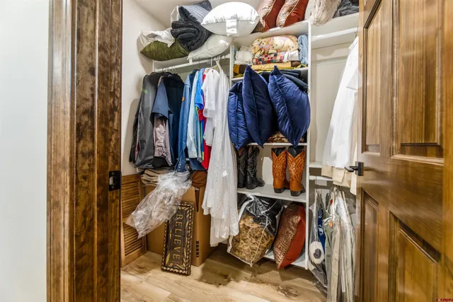 a view of walk in closet with clothes